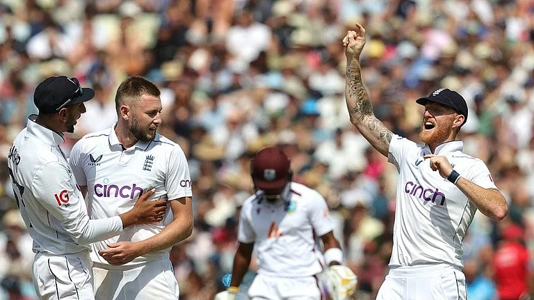 England national cricket team players celebrating a wicket against West Indies. - Photo: X | England Cricket